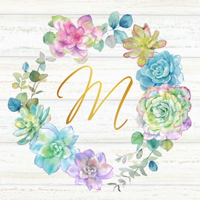 Sweet Succulents Wreath Monogram M gold<br/>Cynthia Coulter