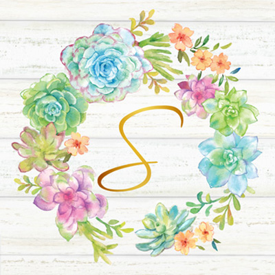 Sweet Succulents Wreath Monogram S gold<br/>Cynthia Coulter