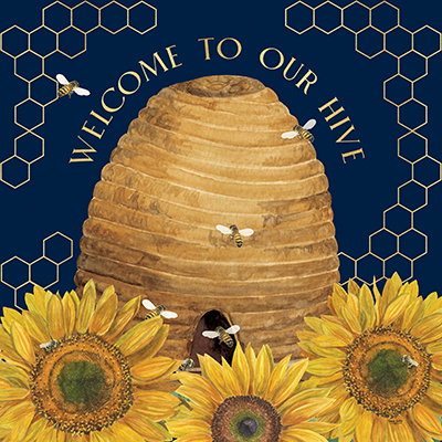 Honey Bees & Flowers Please on blue III-Welcome <br/> Tara Reed