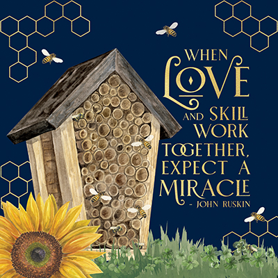 Honey Bees & Flowers Please on blue V-Love and Skill <br/> Tara Reed