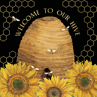 Honey Bees & Flowers Please on black III-Welcome <br/> Tara Reed
