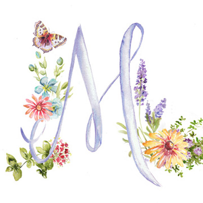 Watercolor Herb Blossom Monogram M <br/> Tre Sorelle Studios