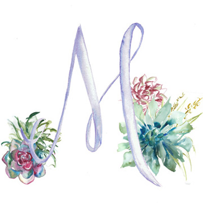 Watercolor Succulent Monogram M <br/> Tre Sorelle Studios